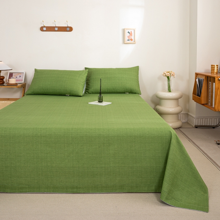 91家纺网 家纺一手货源 找家纺 九沐良品 新款全棉无印老粗布单品床单+三件套 樱花-绿