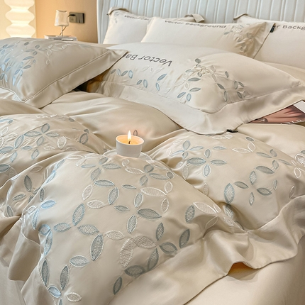 91家纺网 家纺一手货源 找家纺  【2024春夏新品】100支兰精天丝四件套纯色刺绣真丝床笠款床上用品 唐云-香草杏