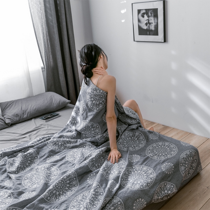 91家纺网 家纺一手货源 找家纺 朴尔家纺-毛巾被 2024新款三层水洗棉全棉纱布毛巾被 梦幻-灰