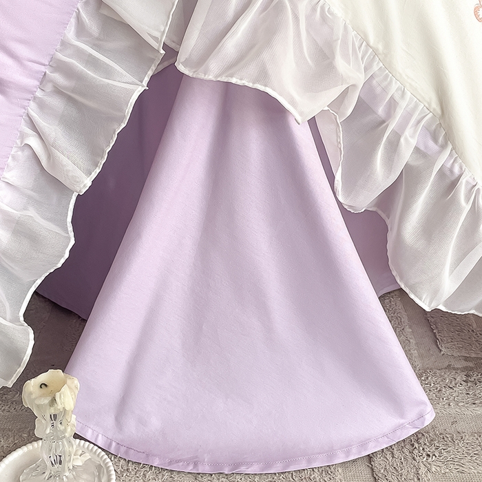 91家纺网 家纺一手货源 找家纺 绒世界 2024新款艾芙妮全棉蕾丝花边刺绣床单床笠四件套礼盒包装 玫瑰紫