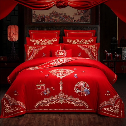 91家纺网 家纺一手货源 找家纺 （总）慕她家纺 2025新款慕她婚庆四件套全棉纯棉结婚刺绣花多件套六八十床品 大花全棉婚庆系列