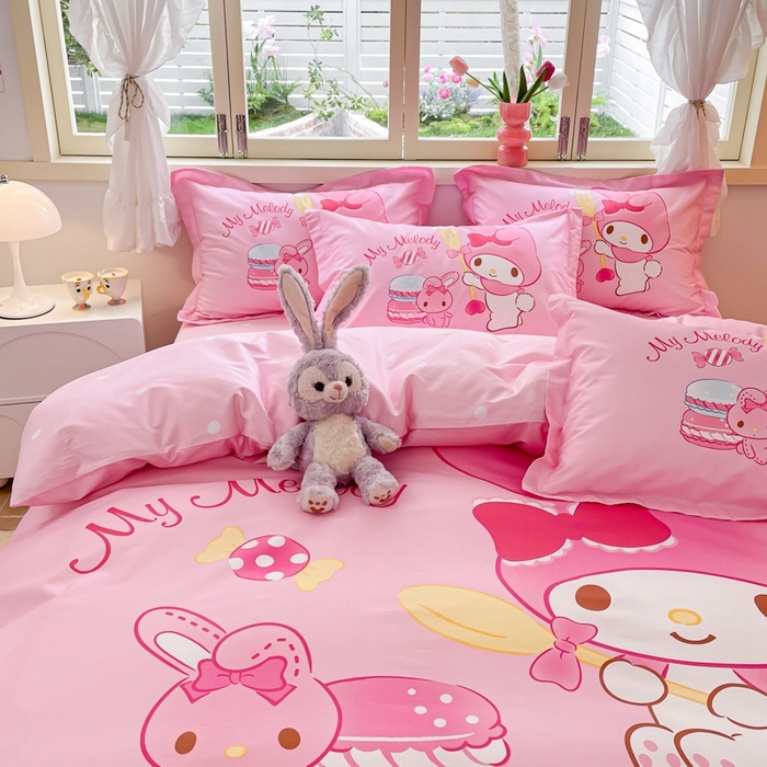 91家纺网 家纺一手货源 找家纺 孩子王（原鼎盛） 2025新款三丽鸥系列全棉活性大版印花卡通学生四件套 蛋糕美乐蒂