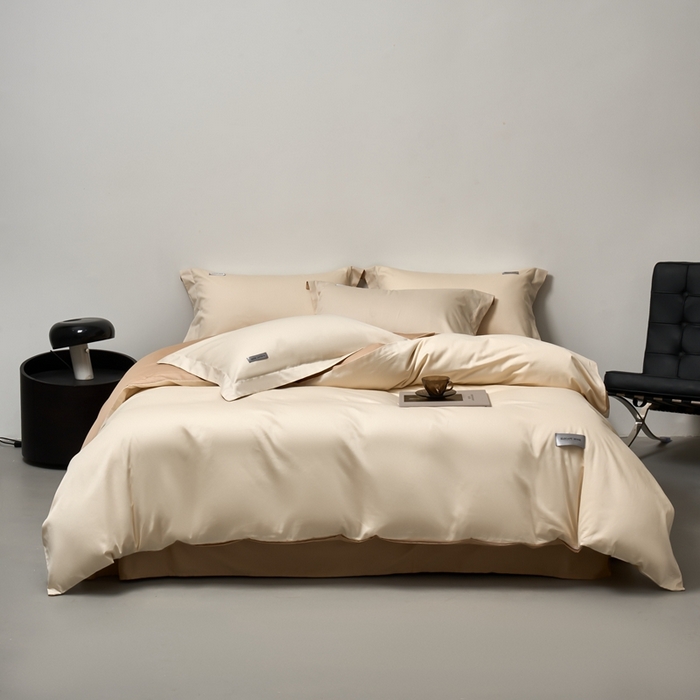 91家纺网 家纺一手货源 找家纺 秀色家纺 2025新款60支贡缎新疆长绒棉全棉纯棉三件套轻奢床品床单床笠被套床上四件套 都市-奶昔白香槟金