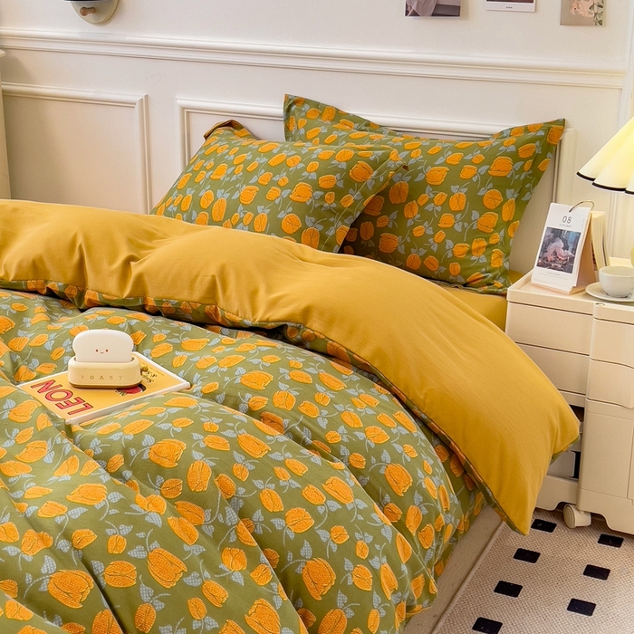 91家纺网 家纺一手货源 找家纺 宝士康家纺 2024新款水洗棉麻双层纱四件套系列  秋叶询丽