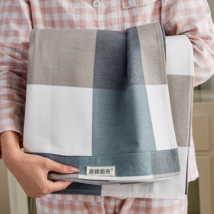 九沐良品 新款全棉无印老粗布单品床单+三件套 蓝大格