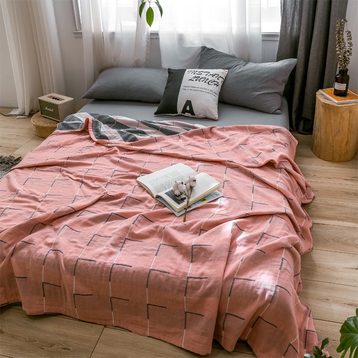 91家纺网 家纺一手货源 找家纺 朴尔家纺-毛巾被 2024新款三层水洗棉全棉纱布毛巾被 简约线条-粉