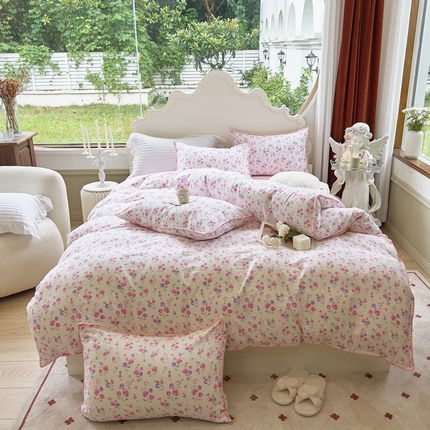 91家纺网 家纺一手货源 找家纺 （总）洁柔供应链 2024新款印花水洗双层纱贝壳绣四件套    直播爆款