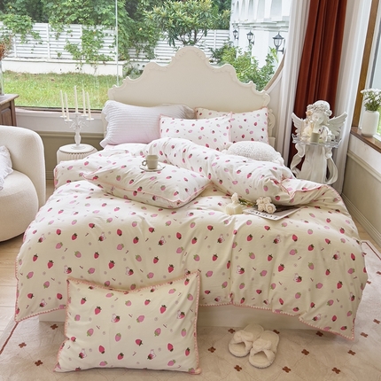 91家纺网 家纺一手货源 找家纺 （总）洁柔供应链 2024新款印花水洗双层纱贝壳绣四件套    直播爆款