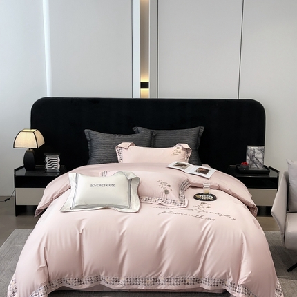 若未家居 2025新款长绒棉高精密刺绣款百万针工艺套件 千鸟格刺绣-锦簇 少女粉