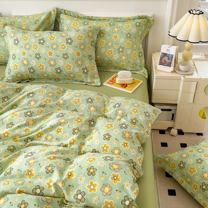 91家纺网 家纺一手货源 找家纺 宝士康家纺 2024新款水洗棉麻双层纱四件套系列  花开半夏