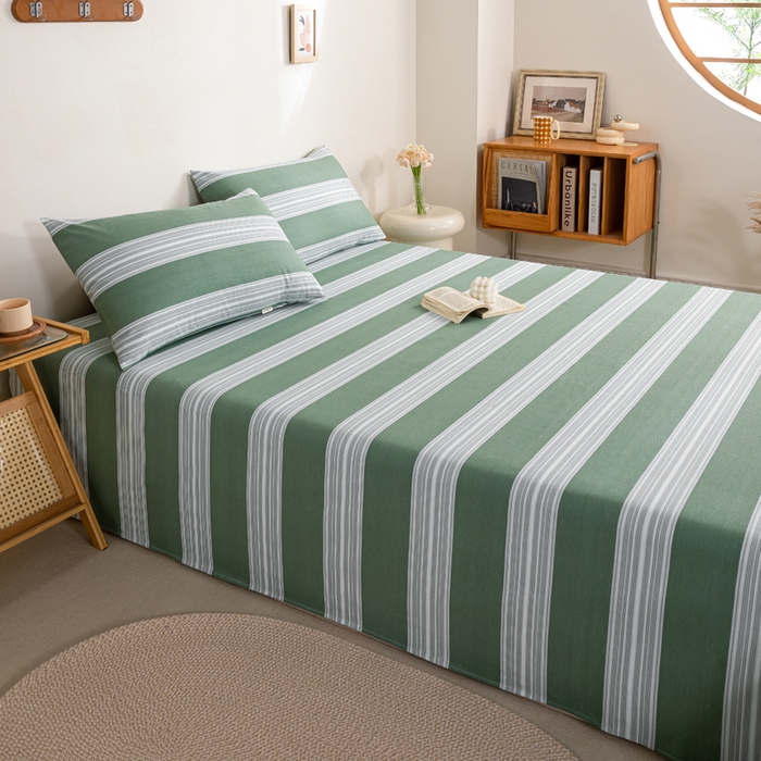 91家纺网 家纺一手货源 找家纺 九沐良品 新款全棉无印老粗布单品床单+三件套 条纹绿