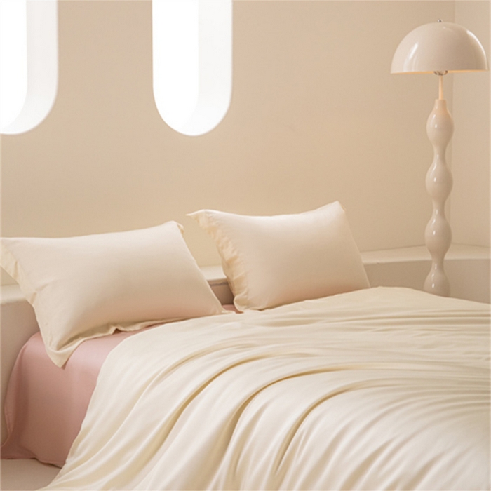 91家纺网 家纺一手货源 找家纺 涵宸 2024新款兰精天丝棉纯色四件套 四件套-象牙白+肉桂粉