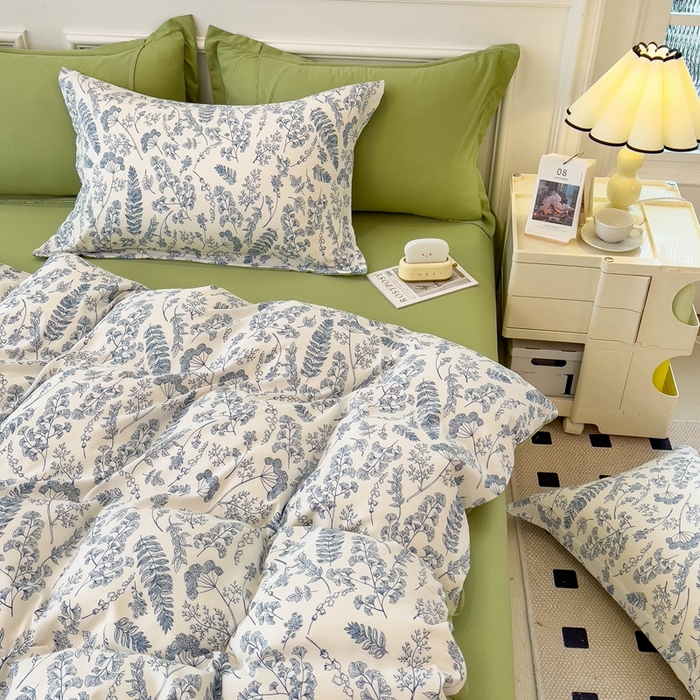 91家纺网 家纺一手货源 找家纺 宝士康家纺 2024新款水洗棉麻双层纱四件套系列  含羞草