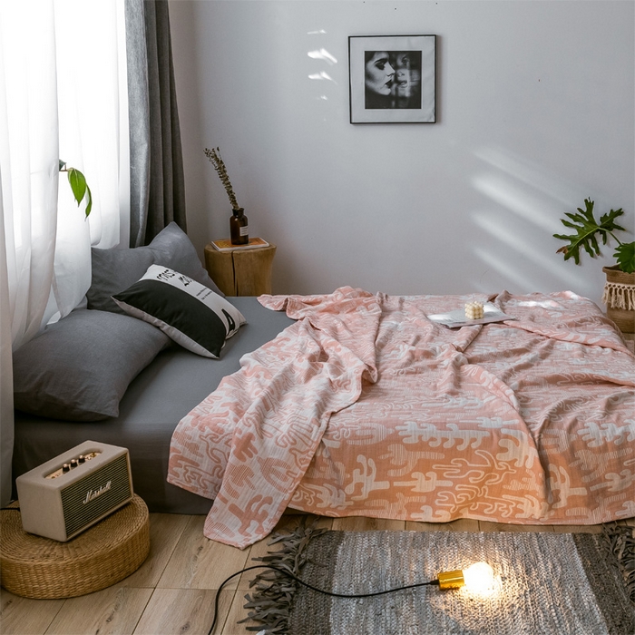 91家纺网 家纺一手货源 找家纺 朴尔家纺-毛巾被 2024新款三层水洗棉全棉纱布毛巾被 仙人掌-粉