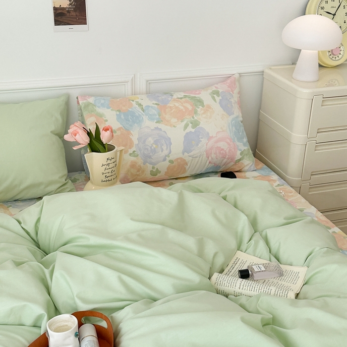 91家纺网 家纺一手货源 找家纺 昔可家纺 2024新款韩式混搭系列四件套 油画绿