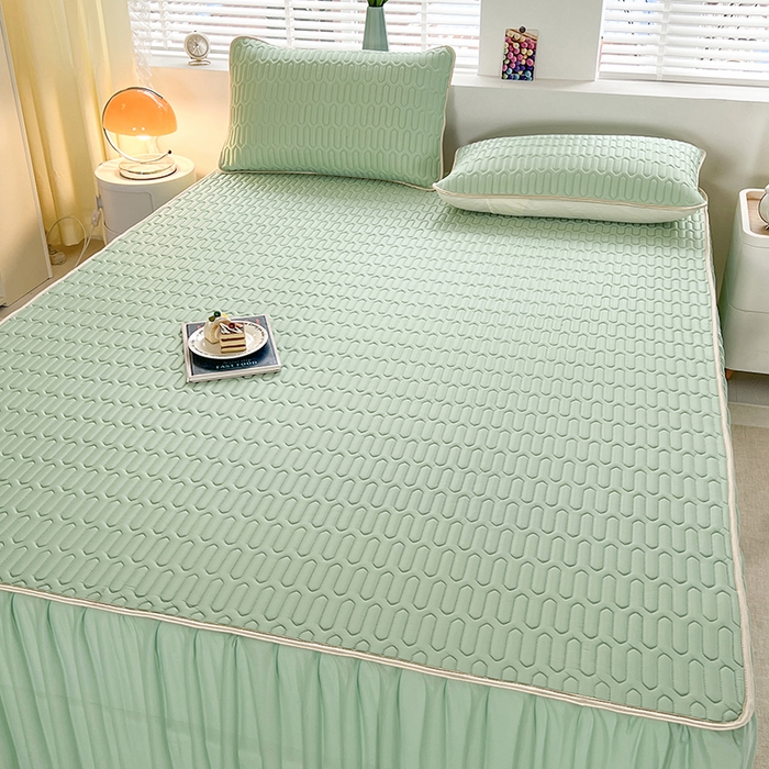 91家纺网 家纺一手货源 找家纺 （总）爱洛 2024新款纯色床裙款乳胶凉席三件套凉感丝乳胶席