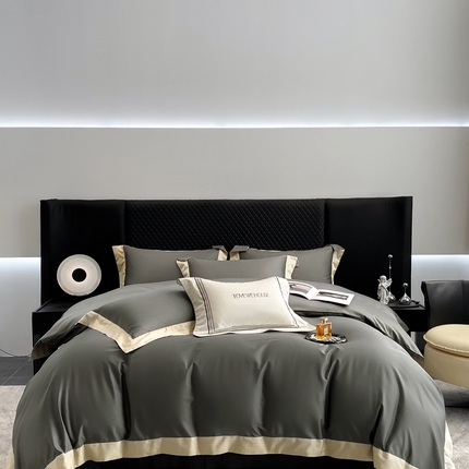 91家纺网 家纺一手货源 找家纺 （总）若未家居 2025新款50S长绒棉纯色撞色简约拼角款套件-洛斐