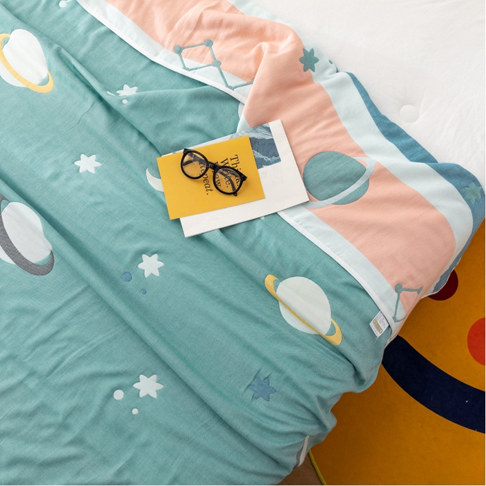 91家纺网 家纺一手货源 找家纺 朴尔家纺-毛巾被 2024新款卡漫风格全棉六层纱毛巾被 浩瀚宇宙-绿