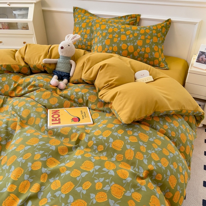 91家纺网 家纺一手货源 找家纺 宝士康家纺 2024新款水洗棉麻双层纱四件套系列  秋叶询丽