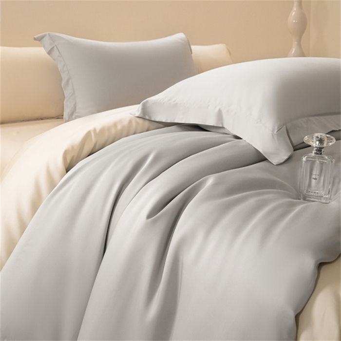 91家纺网 家纺一手货源 找家纺 涵宸 2024新款兰精天丝棉纯色四件套 四件套-时尚灰+象牙白
