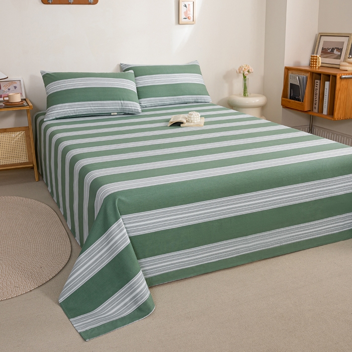 91家纺网 家纺一手货源 找家纺 九沐良品 新款全棉无印老粗布单品床单+三件套 条纹绿