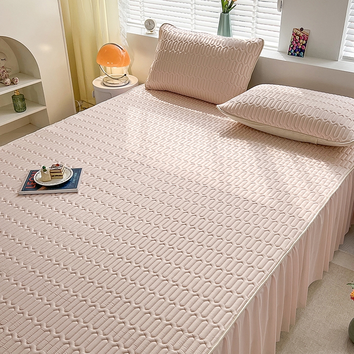 91家纺网 家纺一手货源 找家纺 爱洛 2024新款纯色床裙款乳胶凉席三件套凉感丝乳胶席 粉玉