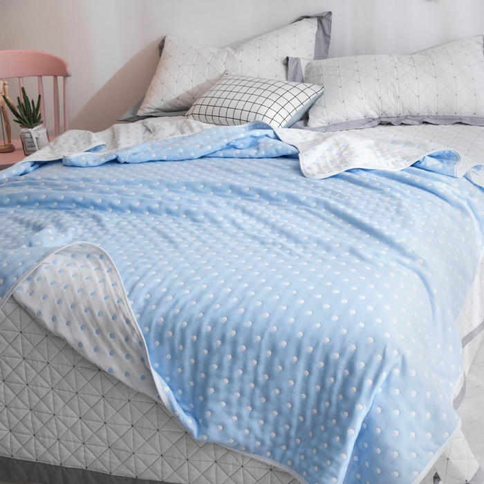 91家纺网 家纺一手货源 找家纺 朴尔2024经典六层纱布全棉毛巾被系列-朴尔经典款常年备货 小波点-兰