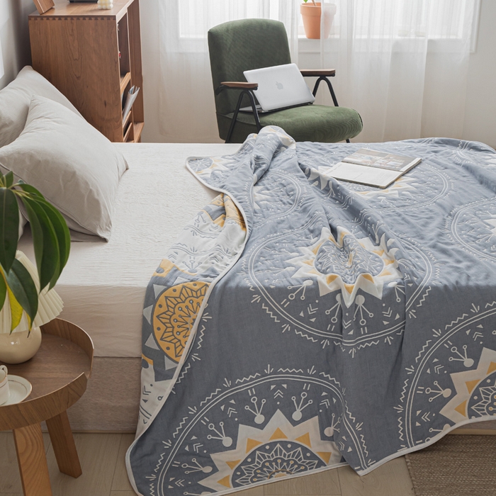 91家纺网 家纺一手货源 找家纺 朴尔 2023年抽象风格六层纱布毛巾被系列-朴尔经典款常年备货 洛丽塔-蓝