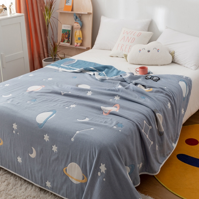 91家纺网 家纺一手货源 找家纺 朴尔家纺-毛巾被 2024新款卡漫风格全棉六层纱毛巾被 浩瀚宇宙-兰