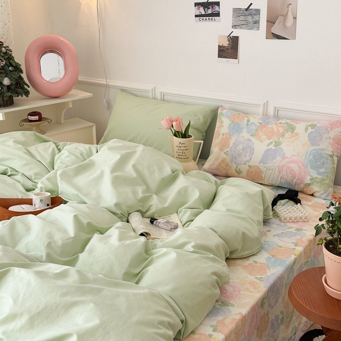 91家纺网 家纺一手货源 找家纺 昔可家纺 2024新款韩式混搭系列四件套 油画绿