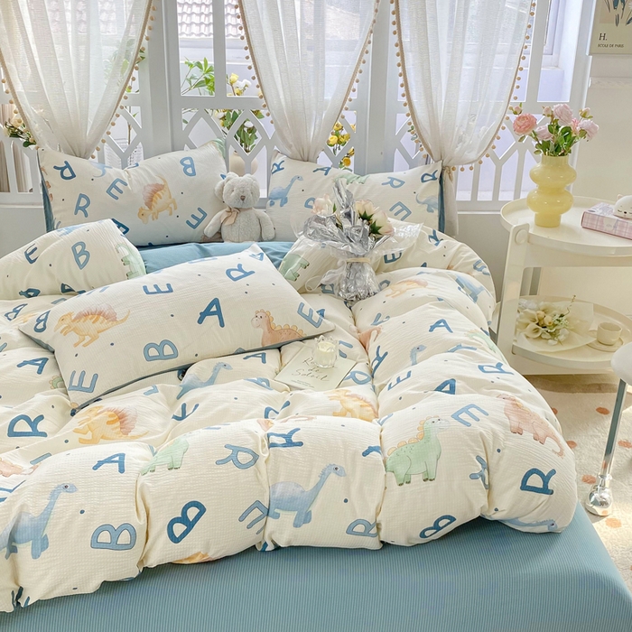 91家纺网 家纺一手货源 找家纺 牛牛家纺 牛牛  2024新款泡泡棉小清新四件套(1) 字母恐龙