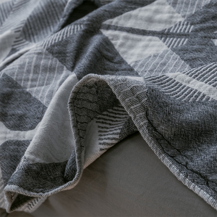 91家纺网 家纺一手货源 找家纺 朴尔家纺-毛巾被 2024新款三层水洗棉全棉纱布毛巾被 几何体-灰