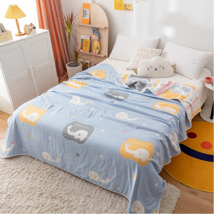 91家纺网 家纺一手货源 找家纺 朴尔家纺-毛巾被 2024新款卡漫风格全棉六层纱毛巾被 长鼻象-兰