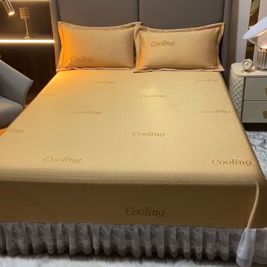 91家纺网 家纺一手货源 找家纺 艾迪尚家纺 2025新款A类婴幼级蕾丝花边豆豆软凉席 杏黄