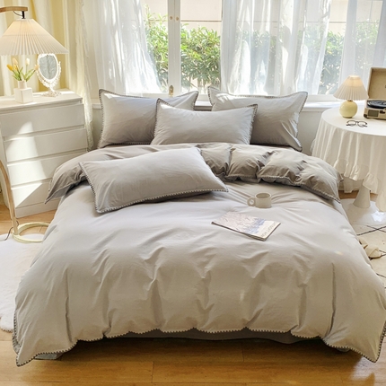 91家纺网 家纺一手货源 找家纺 （总）莱茵2024新款A类全棉纯棉40s色织水洗棉条纹贝壳边日系四件套