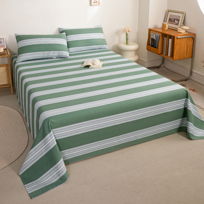 91家纺网 家纺一手货源 找家纺 九沐良品 新款全棉无印老粗布单品床单+三件套 条纹绿