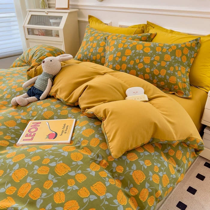 91家纺网 家纺一手货源 找家纺 宝士康家纺 2024新款水洗棉麻双层纱四件套系列  秋叶询丽