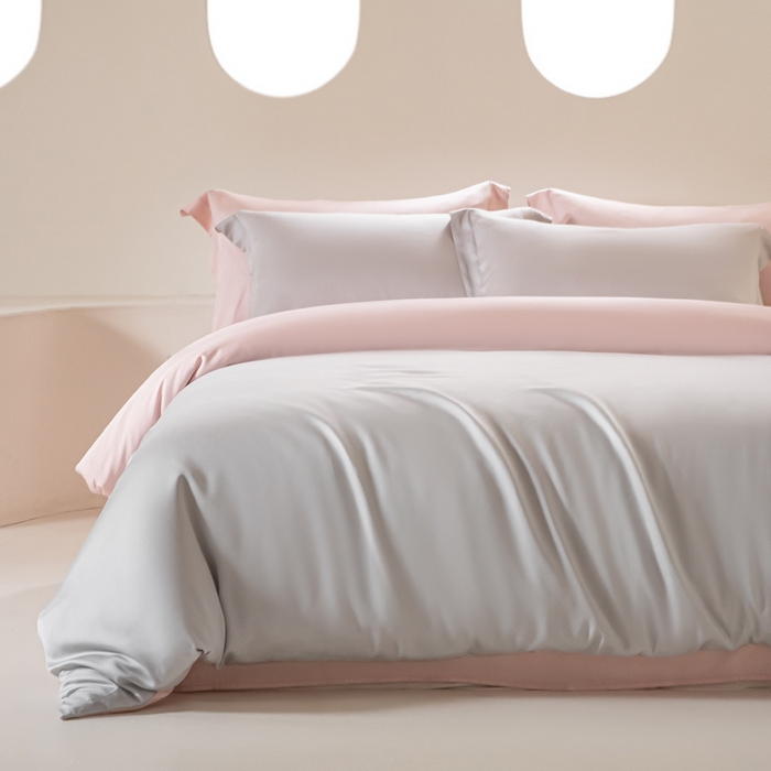 91家纺网 家纺一手货源 找家纺 涵宸 2024新款兰精天丝棉纯色四件套 四件套-时尚灰+玫瑰粉