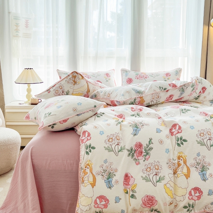 91家纺网 家纺一手货源 找家纺 洁柔供应链 2024新款印花水洗双层纱贝壳绣四件套    直播爆款 玫瑰花