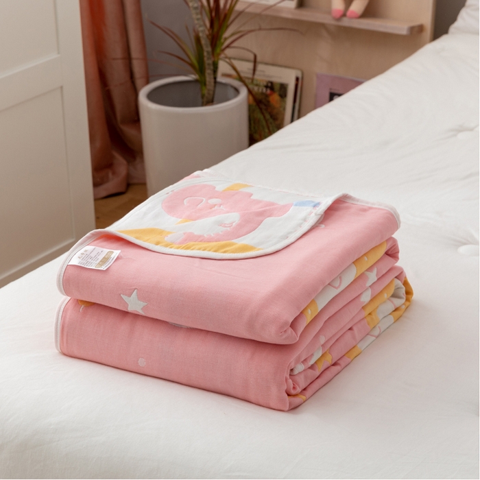 91家纺网 家纺一手货源 找家纺 朴尔家纺-毛巾被 2024新款卡漫风格全棉六层纱毛巾被 长鼻象-粉