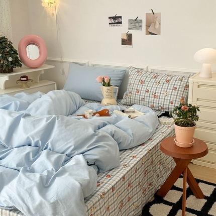 昔可家纺 2024新款韩式混搭系列四件套 中古奶蓝