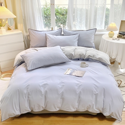 91家纺网 家纺一手货源 找家纺 （总）莱茵2024新款A类全棉纯棉40s色织水洗棉条纹贝壳边日系四件套