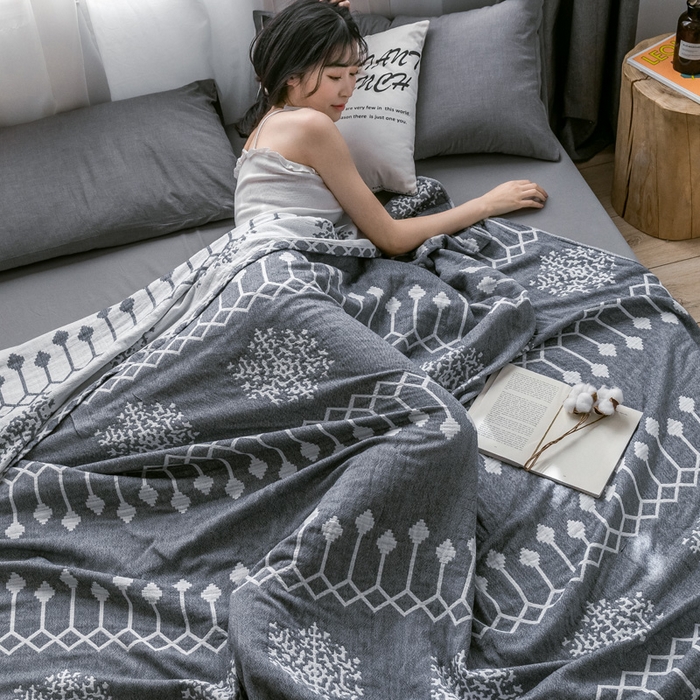 91家纺网 家纺一手货源 找家纺 朴尔家纺-毛巾被 2024新款三层水洗棉全棉纱布毛巾被 印第安-灰