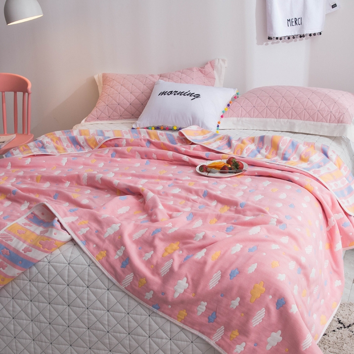 91家纺网 家纺一手货源 找家纺 朴尔 2024全尺寸经典六层纱布全棉毛巾被系列-朴尔经典款常年备货 彩云-粉