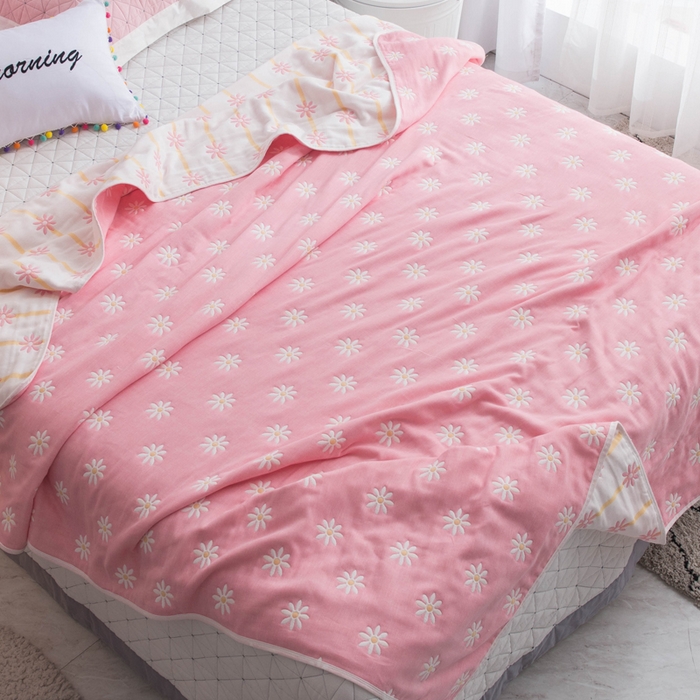 91家纺网 家纺一手货源 找家纺 朴尔2024经典六层纱布全棉毛巾被系列-朴尔经典款常年备货 小雏菊-粉