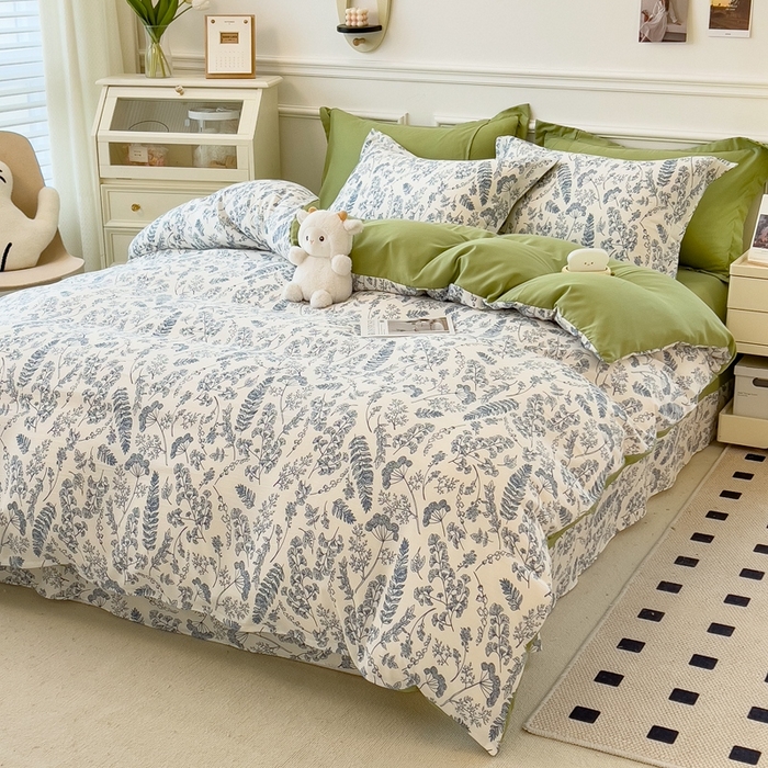 91家纺网 家纺一手货源 找家纺 宝士康家纺 2024新款水洗棉麻双层纱四件套系列  含羞草