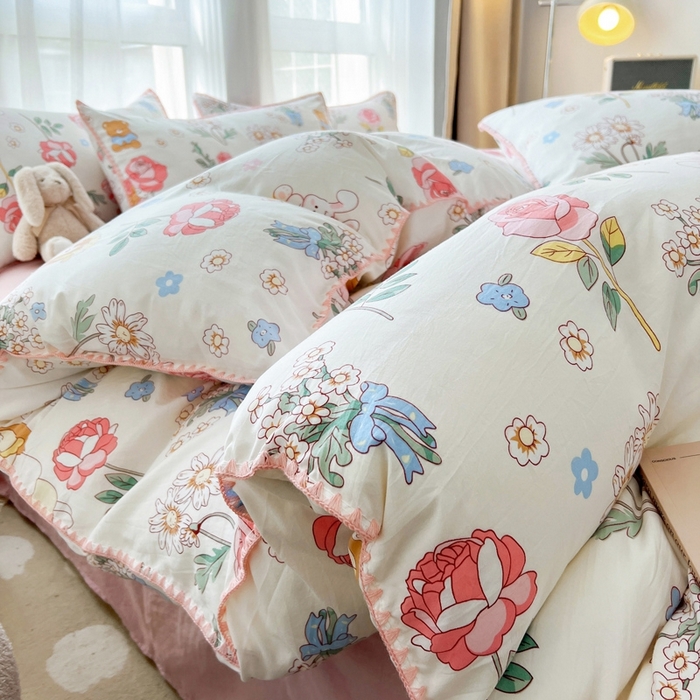 91家纺网 家纺一手货源 找家纺 洁柔供应链 2024新款印花水洗双层纱贝壳绣四件套    直播爆款 玫瑰花