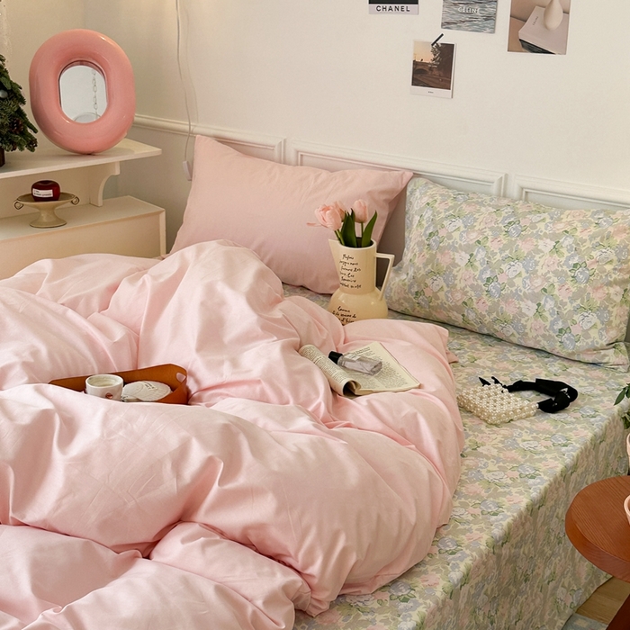 91家纺网 家纺一手货源 找家纺 昔可家纺 2024新款韩式混搭系列四件套 粉色布蕾