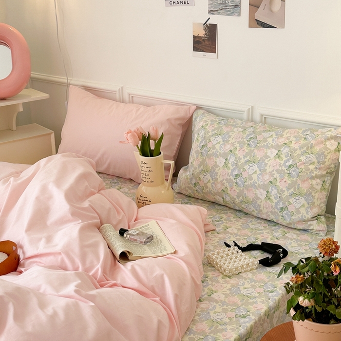 91家纺网 家纺一手货源 找家纺 昔可家纺 2024新款韩式混搭系列四件套 粉色布蕾