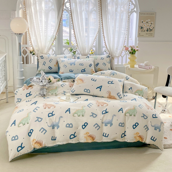 91家纺网 家纺一手货源 找家纺 牛牛家纺 牛牛  2024新款泡泡棉小清新四件套(1) 字母恐龙